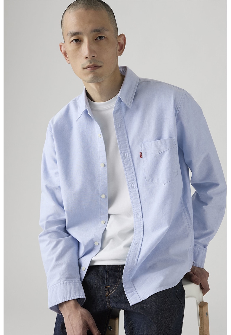 Camasa regular fit cu buzunar pe piept - Albastru azur