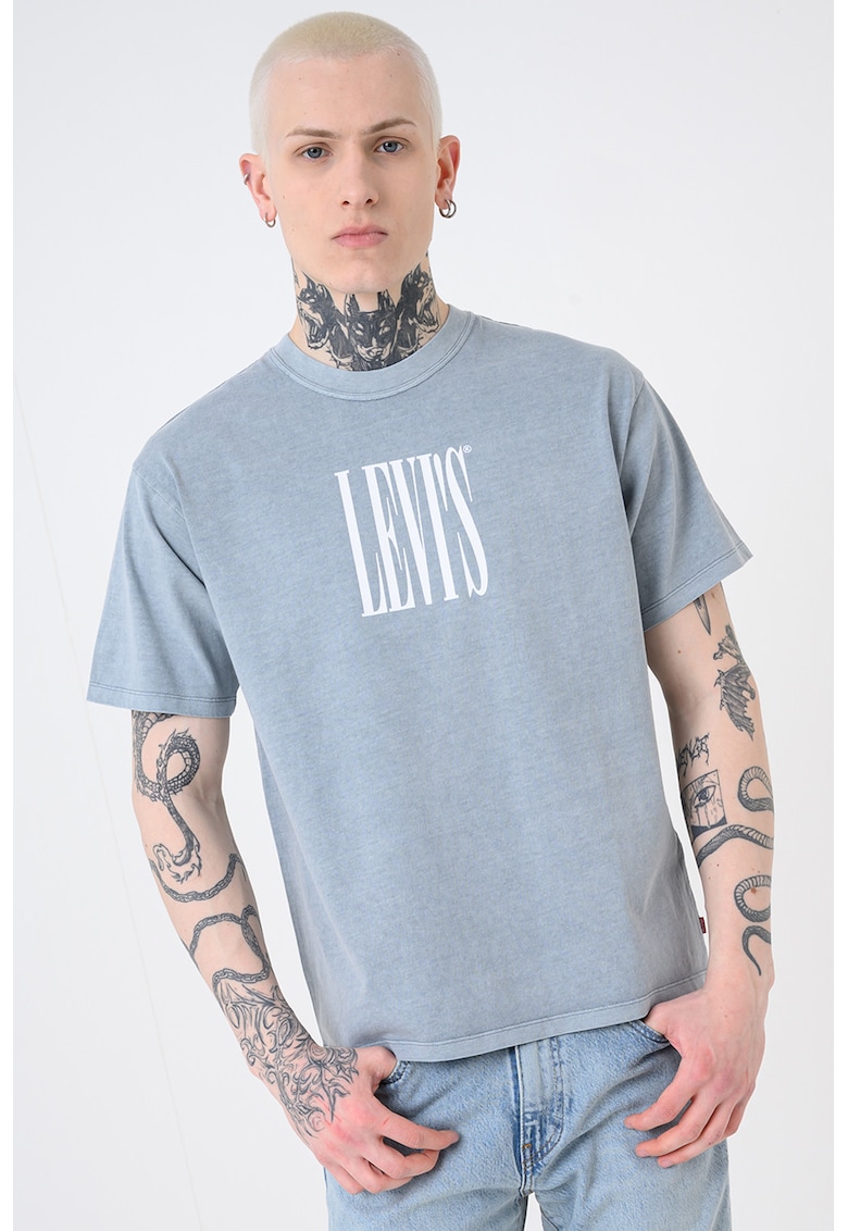 Tricou de bumbac cu imprimeu logo contrastant Vintage - Alb/Albastru prafuit