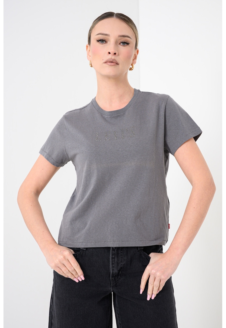 Tricou de bumbac cu logo cu strasuri - Gri cenusiu/Argintiu