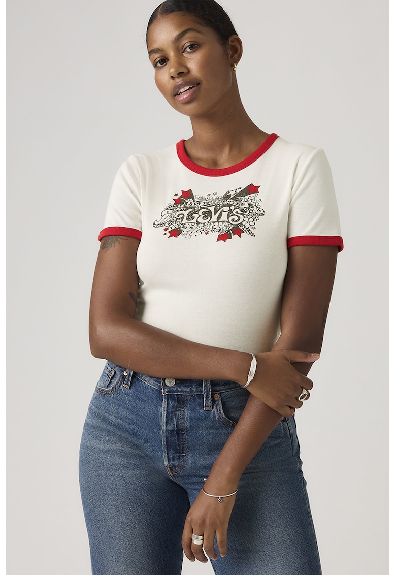Tricou slim-fit cu logo - Rosu/Alb murdar