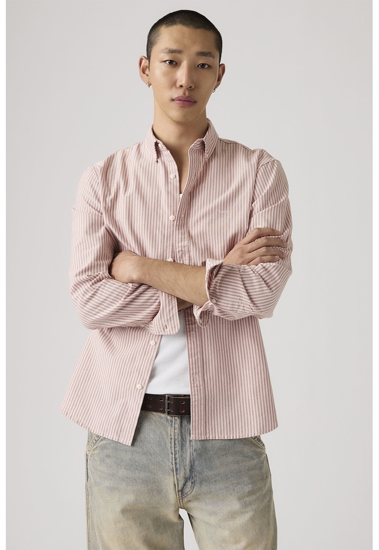 Camasa relaxed fit de bumbac Authentic - Alb/Roz pal