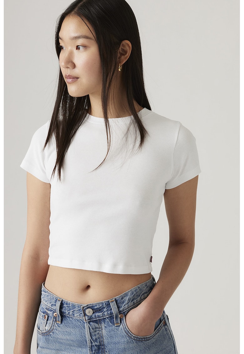 Tricou crop cu decolteu la baza gatului Essential - Alb optic