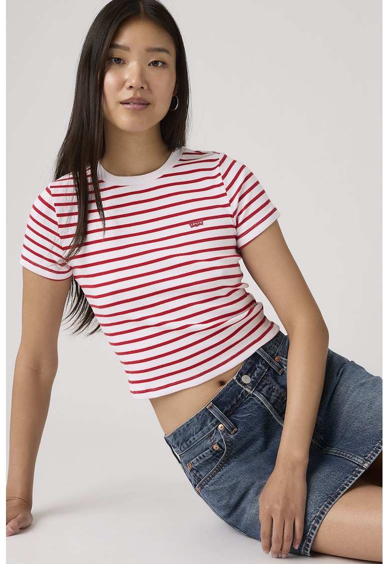 Tricou crop cu decolteu la baza gatului Essential - Rosu/Alb optic
