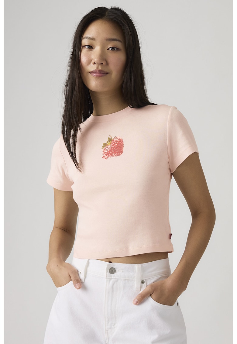 Tricou crop cu imprimeu capsuni - Roz pastel