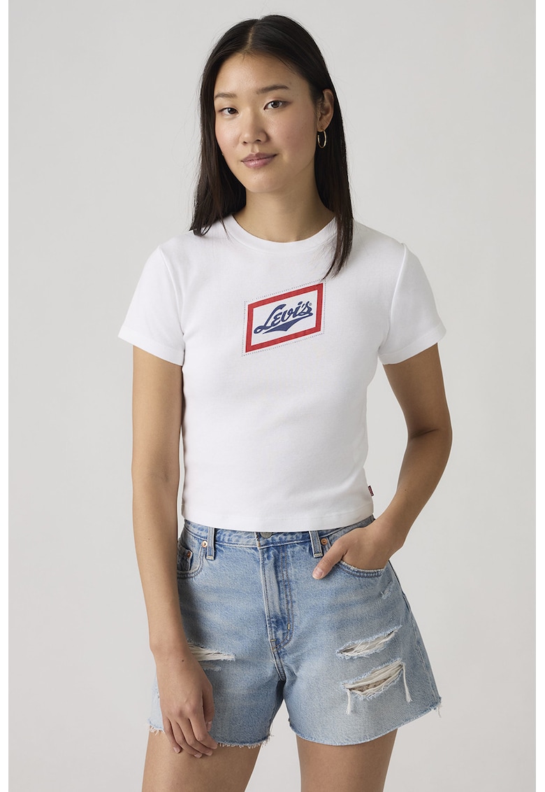 Tricou crop cu imprimeu logo - Alb optic