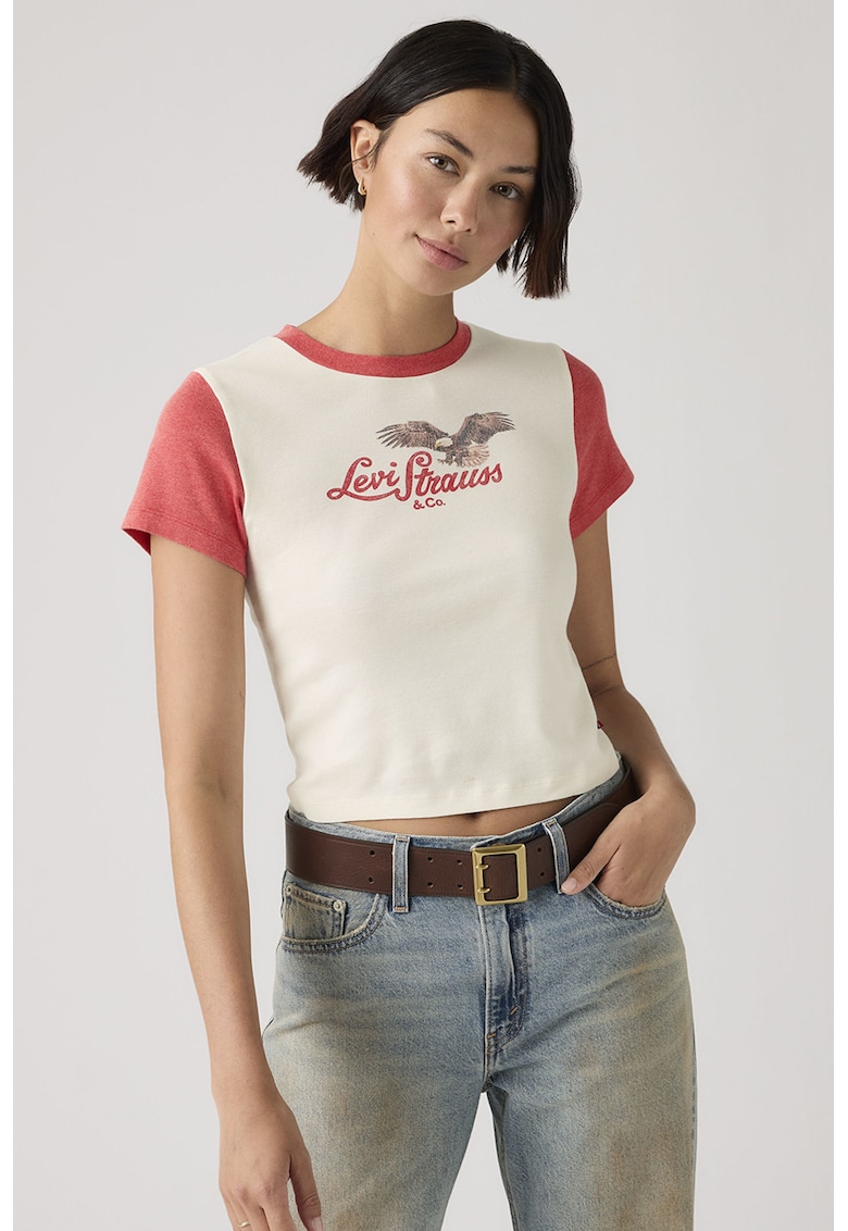 Tricou crop cu detalii contrastante - Rosu stins/Alb murdar
