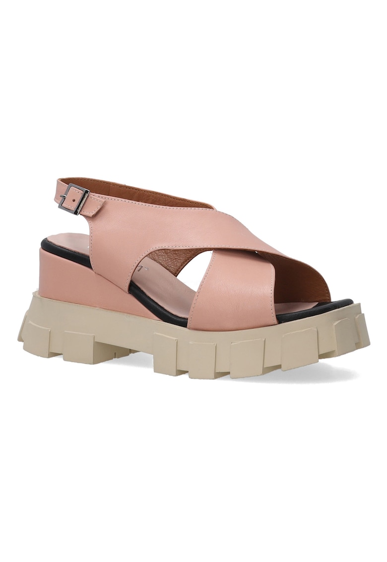 Sandale din piele cu talpa wedge si varf patrat
