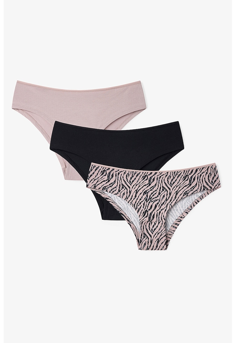 Set de chiloti hipster cu model si uni - 3 perechi - Negru/Roz