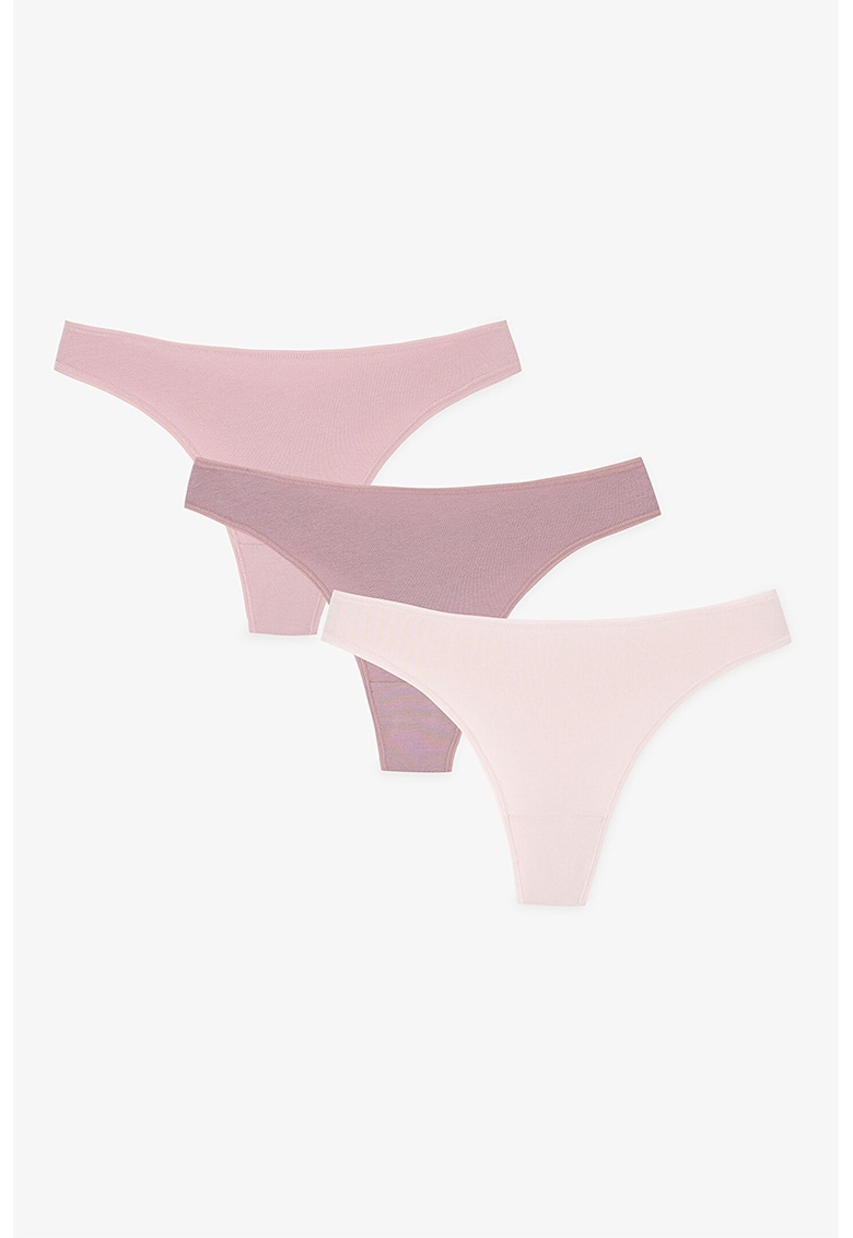 Set de chiloti tanga cu model uni - 3 perechi - Roz prafuit
