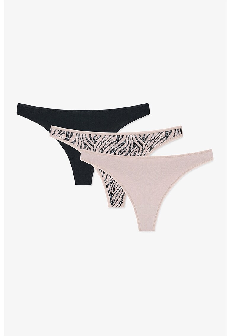 Set de chiloti tanga din amestec de bumbac - 3 perechi - Negru/Bej