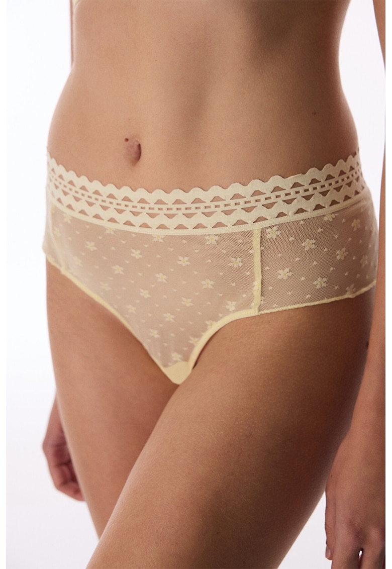 Chiloti brazilieni din plasa cu model floral - Galben pal