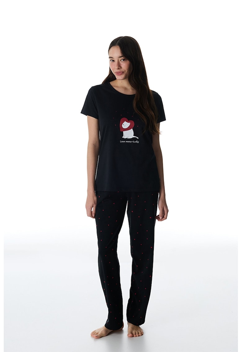 Pijama din bumbac cu imprimeu - Negru