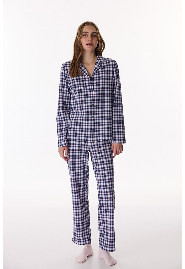 Pijama din bumbac cu maneci lungi si model in carouri - Albastru pastel/Roz deschis