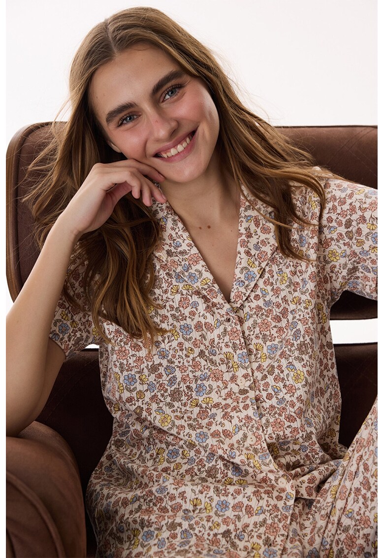 Pijama din bumbac cu imprimeu floral - Maro deschis/Albastru