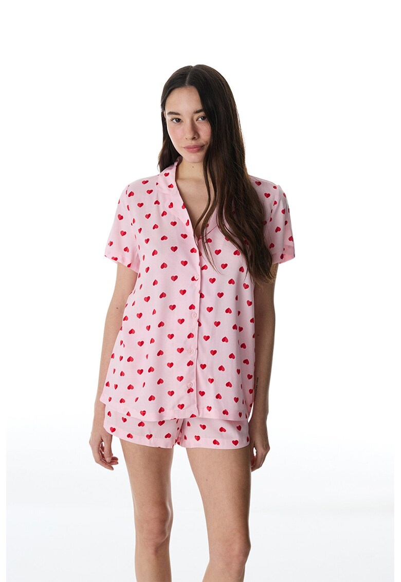 Pijama scurta cu imprimeu cu inimi - Rosu/Roz