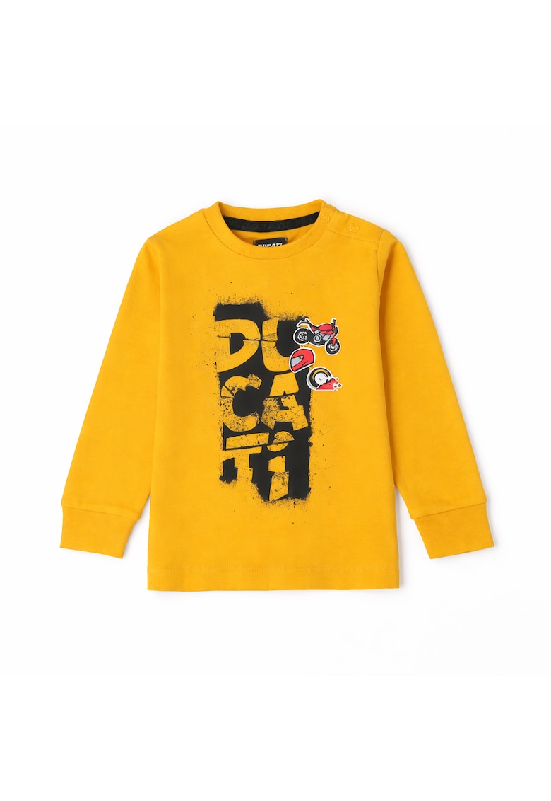 Tricou pentru baieti bumbac interlock guler rotund imprimeu moto - galben mustar