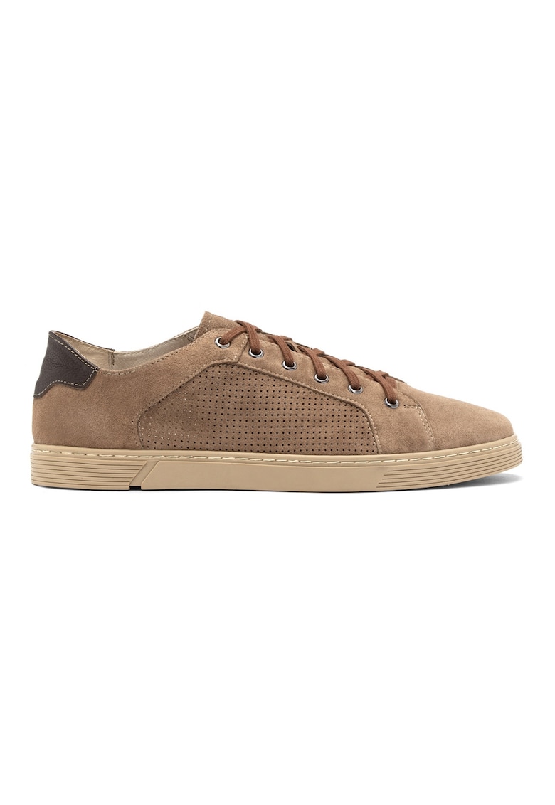 Pantofi sport din piele si piele intoarsa cu model uni - Maro deschis