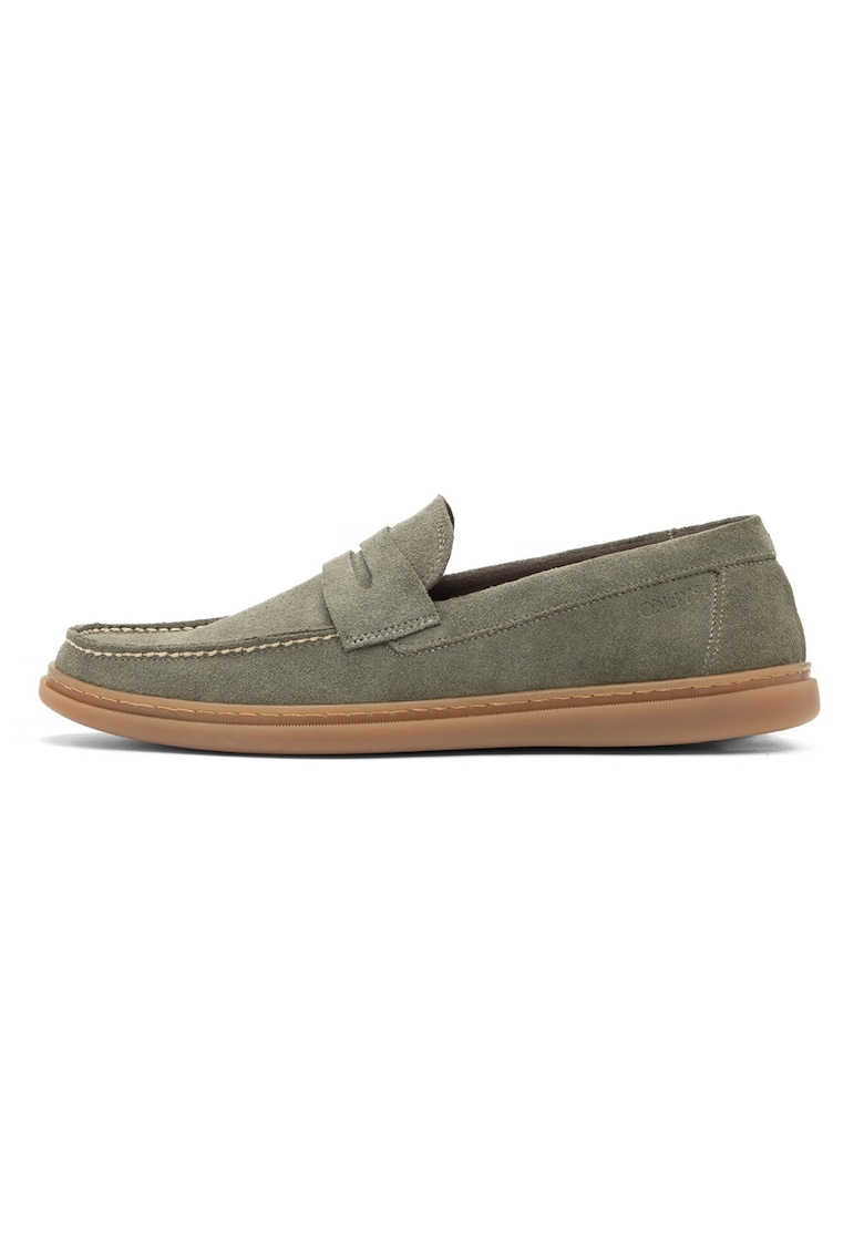 Pantofi loafer din piele intoarsa cu model uni - Kaki