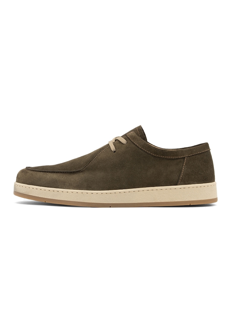 Pantofi loafer din piele intoarsa cu insertii din piele - Kaki inchis