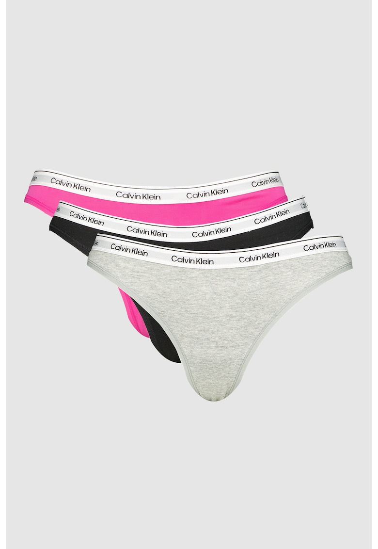 Set de chiloti tanga cu banda logo elastica in talie - 3 perechi - Negru/Gri deschis/Fucsia