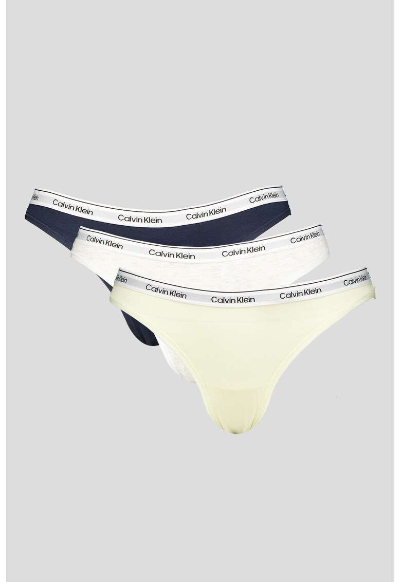 Set de chiloti tanga cu banda logo elastica in talie - 3 perechi - Alb fildes/Galben pal/Bleumarin