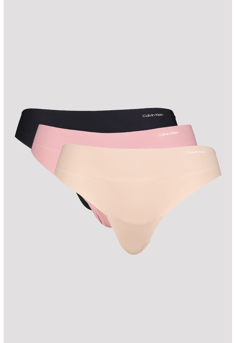 Set de chiloti tanga cu logo - fara cusaturi - 3 perechi - Negru/Roz zmeuriu/Maro nisip