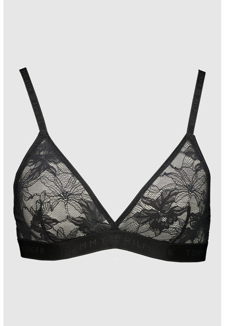 Sutien din dantela cu cupe triughiulare si logo - Negru stins
