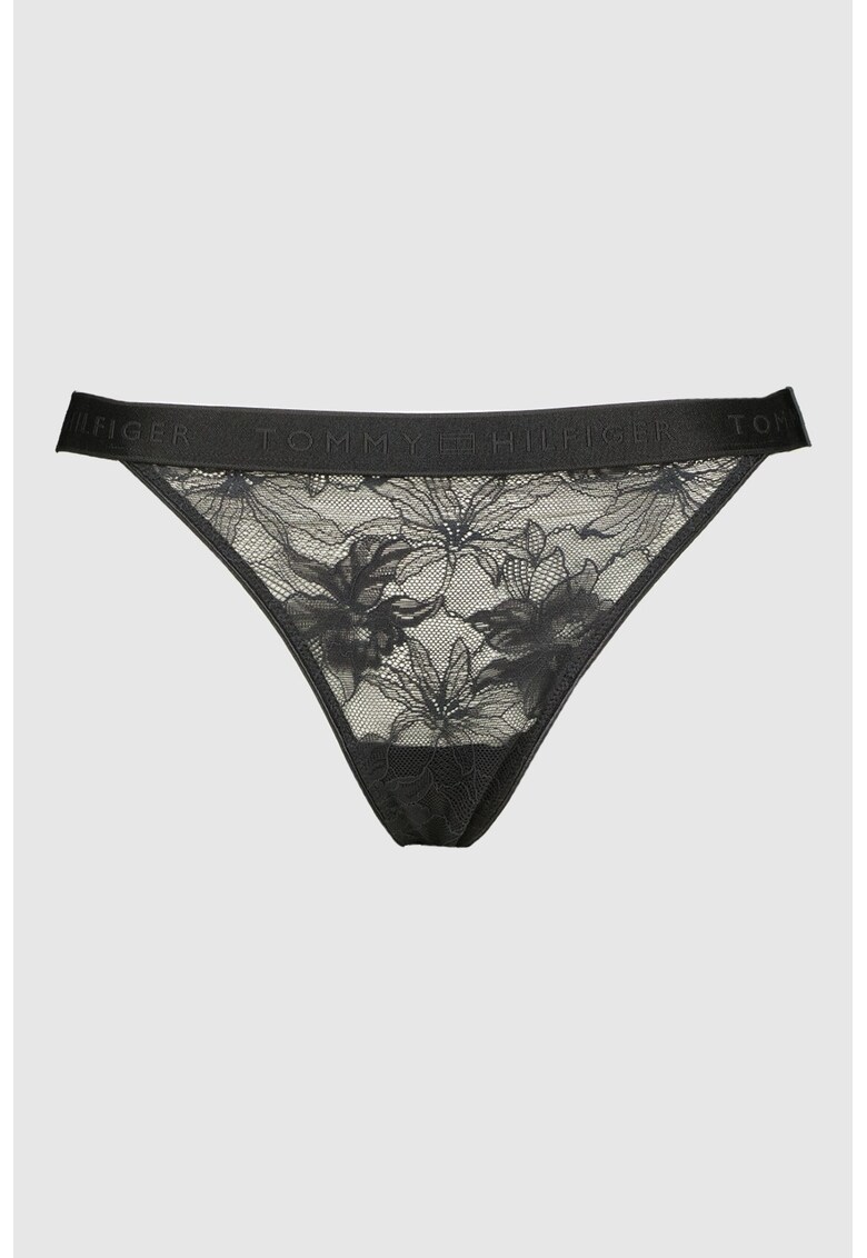Chiloti tanga cu dantela si logo - Negru