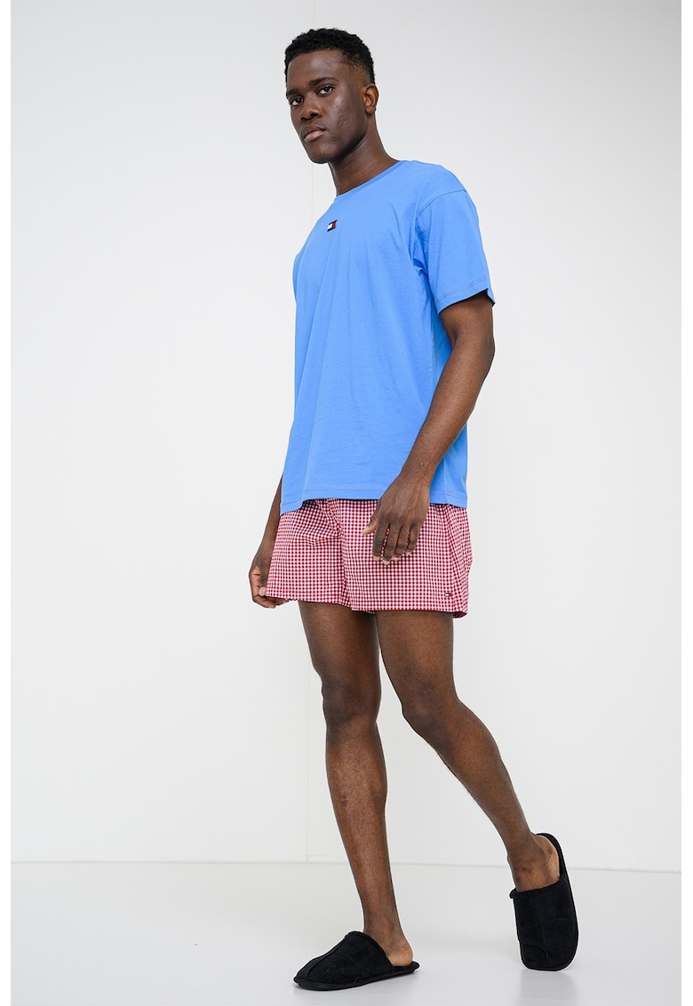 Pijama de bumbac cu pantaloni scurti si banda cu logo in talie - Alb/Rosu inchis/Albastru royal