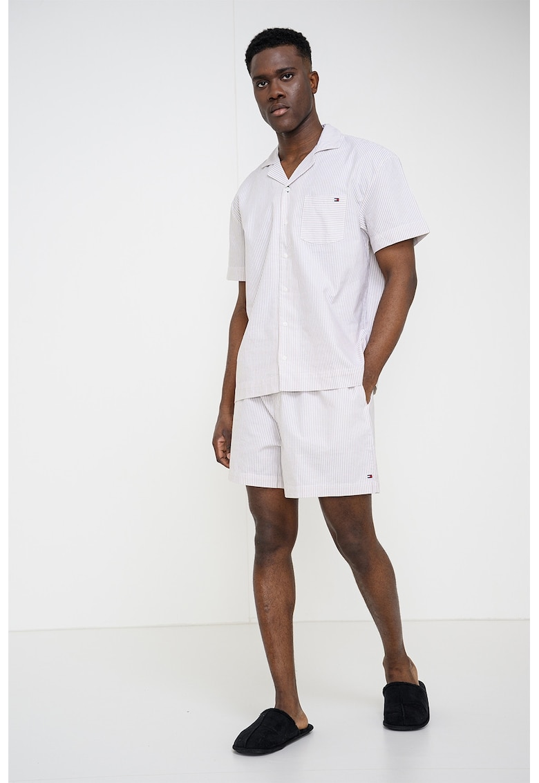 Pijama cu pantaloni scurti - model in dungi si talie ajustabila - Alb/Galben mustar