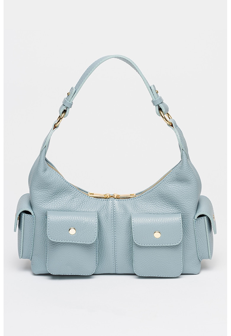 Geanta din piele cu bareta de umar si buzunare cu clapa - Albastru lavanda