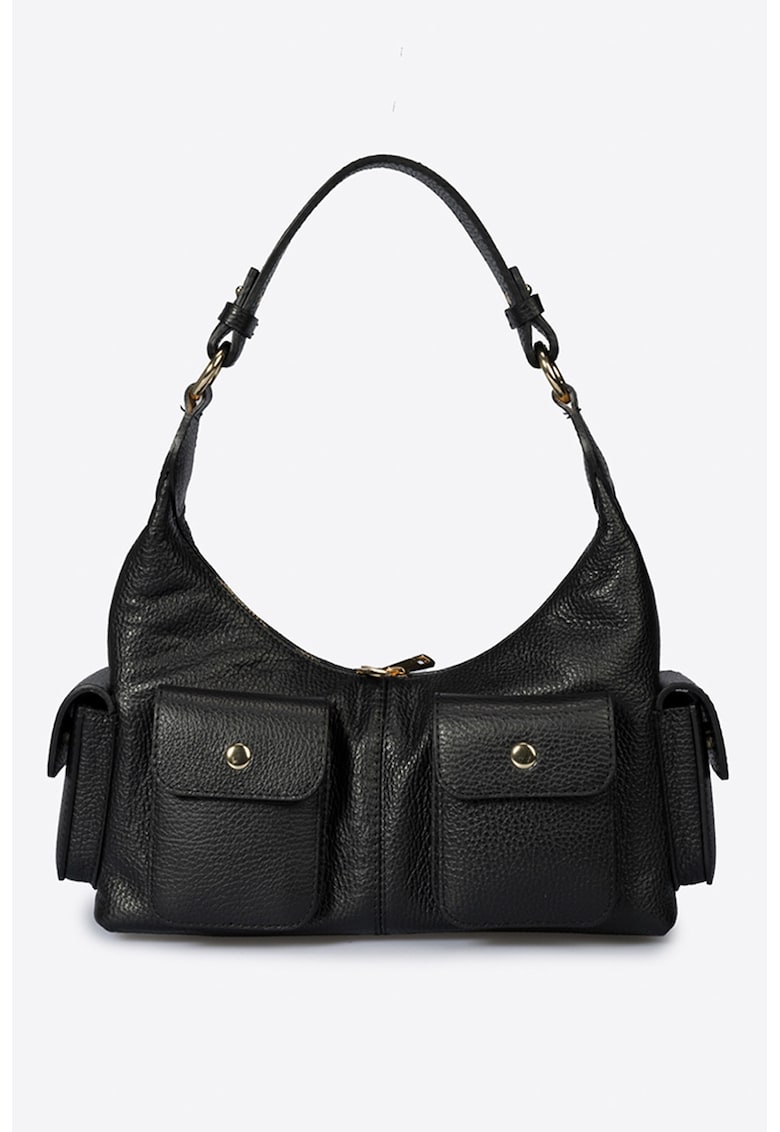 Geanta din piele cu bareta de umar si buzunare cu clapa - Negru
