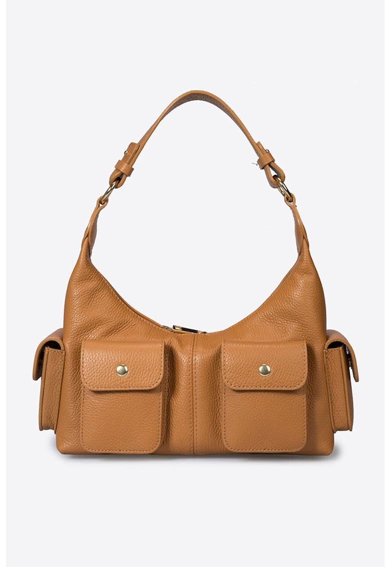 Geanta din piele cu bareta de umar si buzunare cu clapa - Caramel