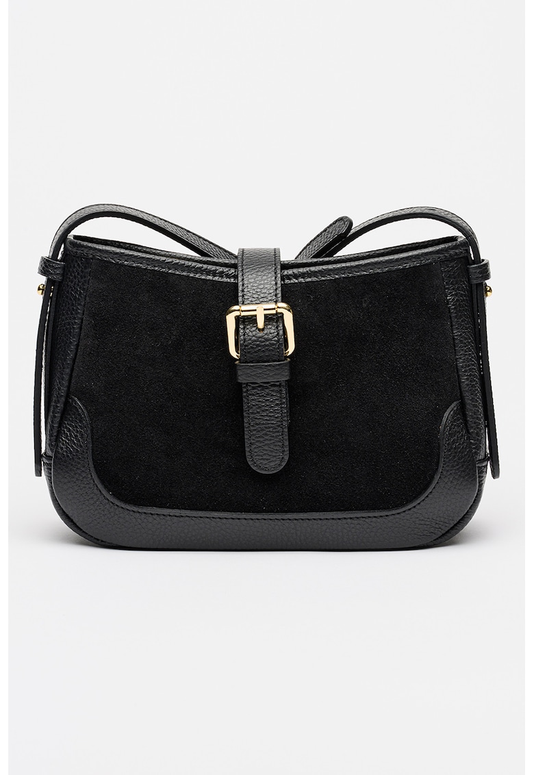 Geanta saddle cu bareta de umar si piele intoarsa - Negru