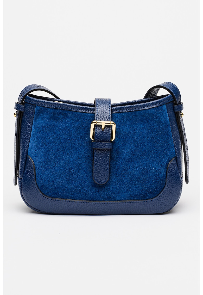 Geanta saddle cu bareta de umar si piele intoarsa - Bleumarin