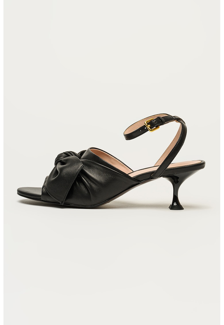 Sandale din piele cu model cu funda si toc kitten - Negru