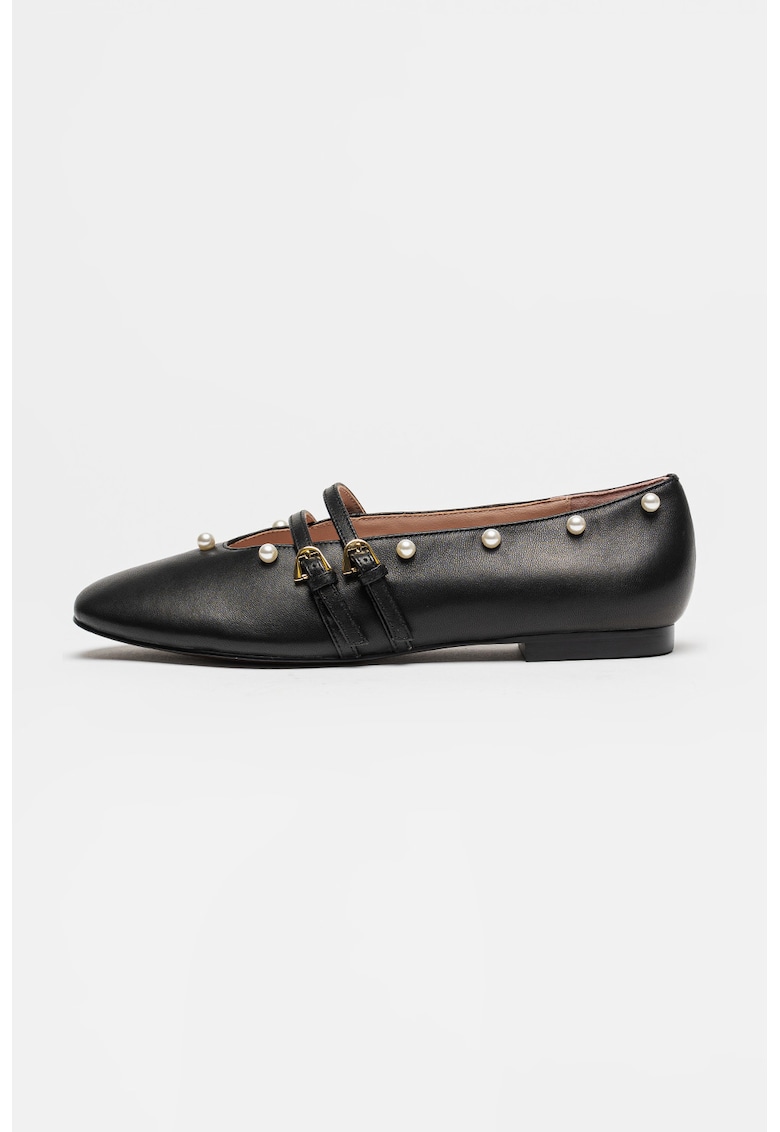 Balerini de piele cu perle sintetice - Negru