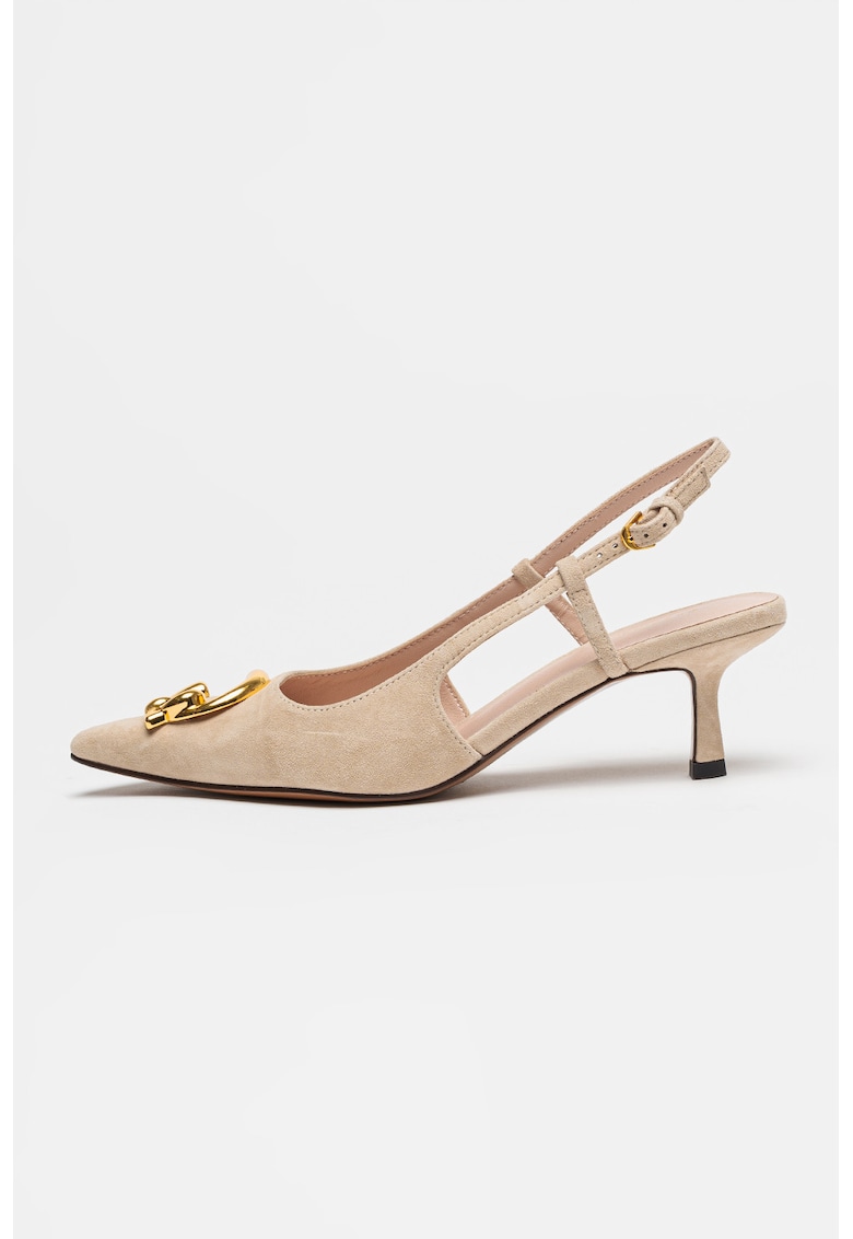 Pantofi slingback din piele intoarsa cu toc kitten - Bej deschis