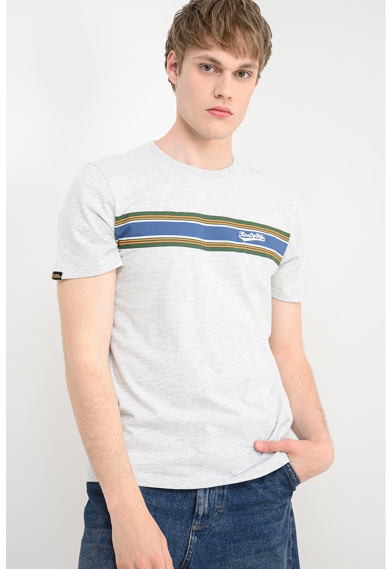 Tricou cu decolteu la baza gatului si dungi - Verde/Gri deschis melange/Bleumarin