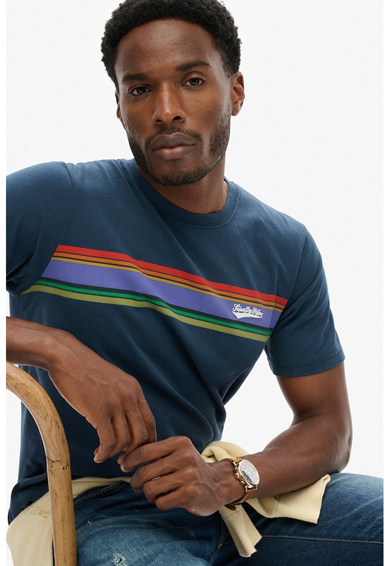 Tricou din bumbac cu decolteu la baza gatului - Albastru inchis