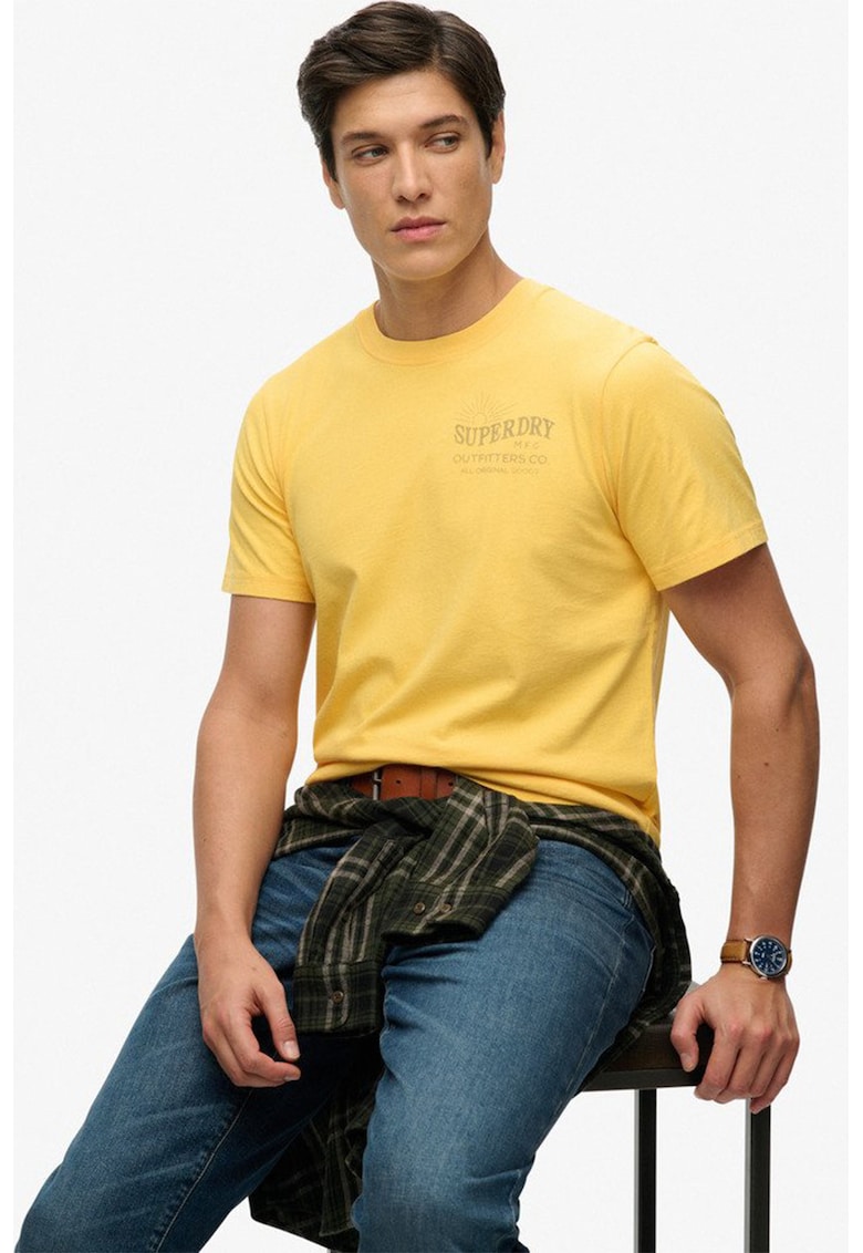 Tricou cu imprimeu si decolteu la baza gatului - Galben sofran/Portocaliu persan/Kaki