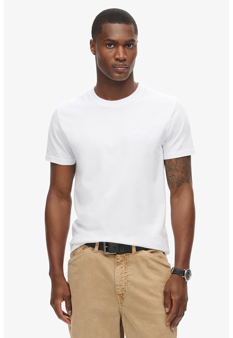 Tricou din bumbac cu decolteu la baza gatului so logo brodat - Alb optic