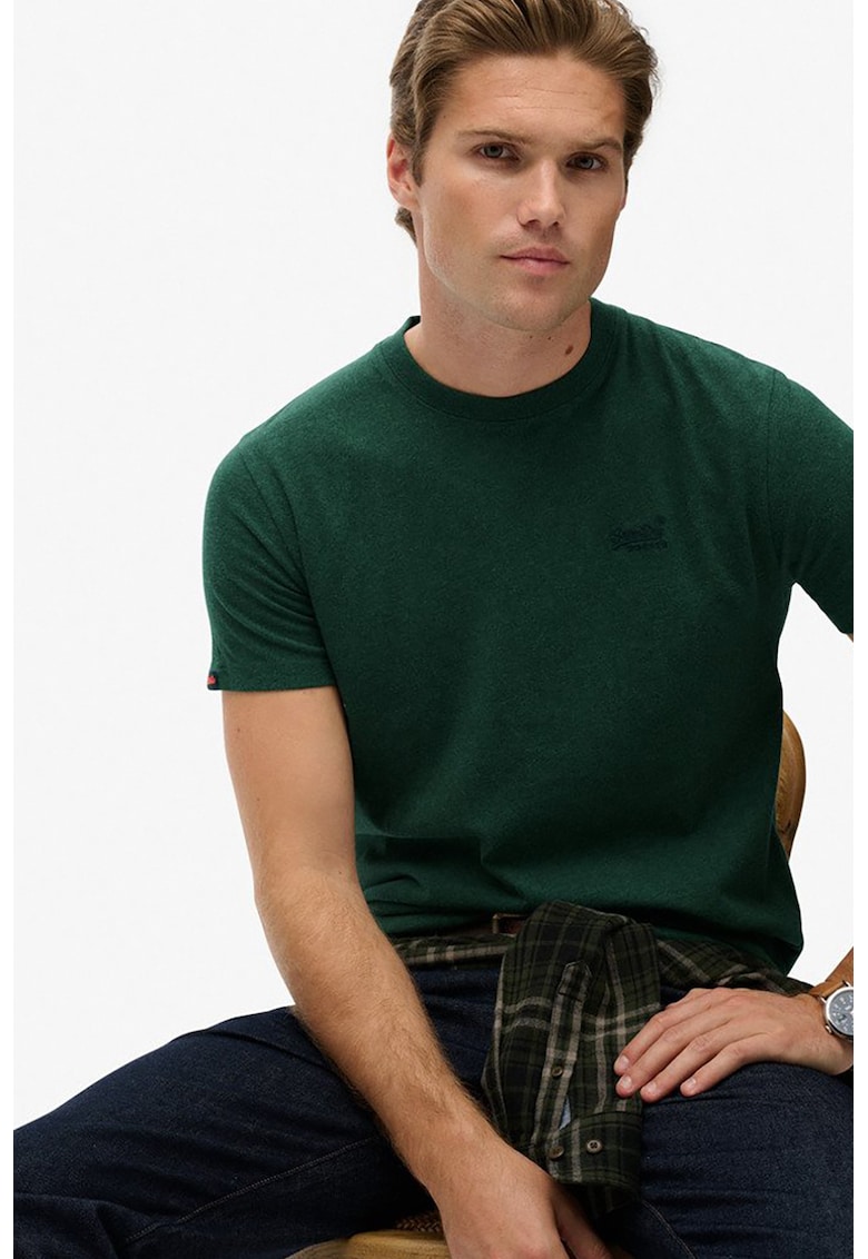 Tricou din bumbac cu decolteu la baza gatului so logo brodat - Verde inchis