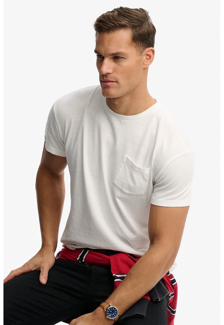 Tricou din bumbac si in cu model uni si buzunar aplicat - Alb