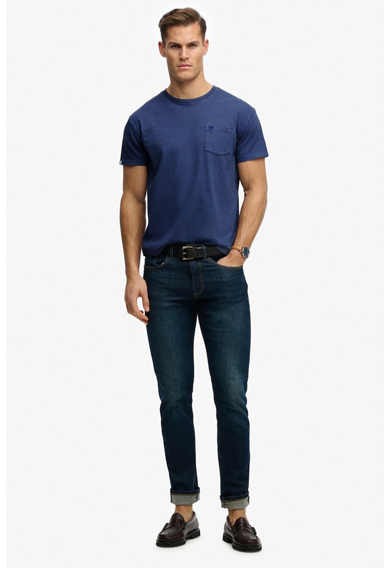 Tricou din bumbac si in cu model uni si buzunar aplicat - Albastru