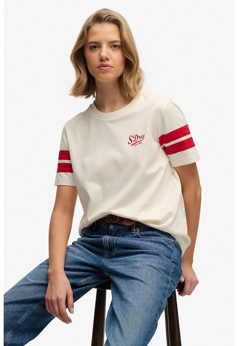 Tricou de bumbac cu dungi contrastante - Rosu/Crem