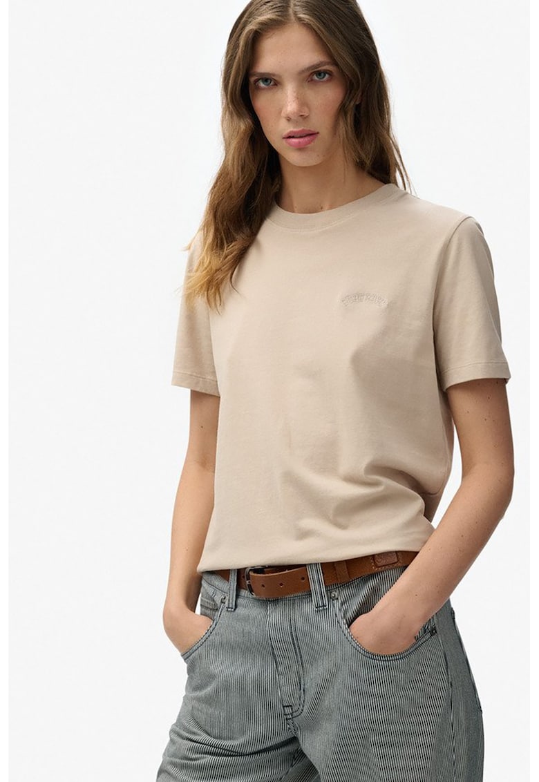 Tricou cu decolteu la baza gatului si logo brodat - Bej deschis