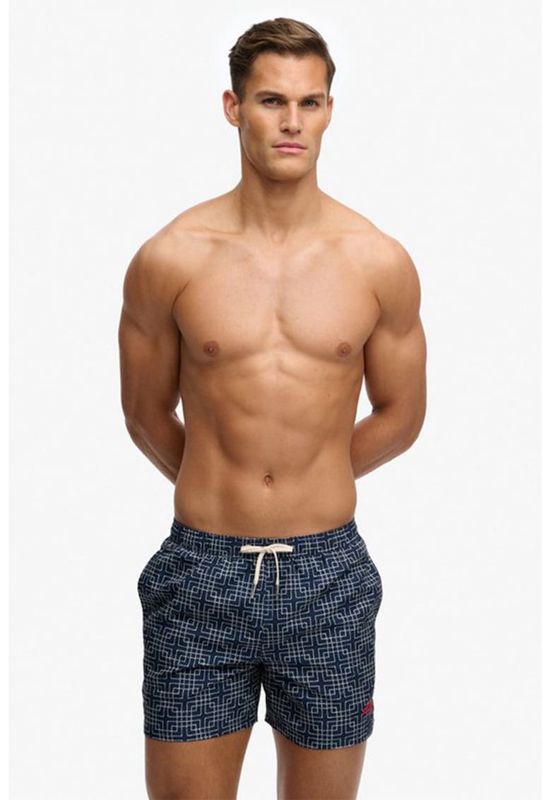 Pantaloni scurti de baie cu model si snururi - Alb/Bleumarin