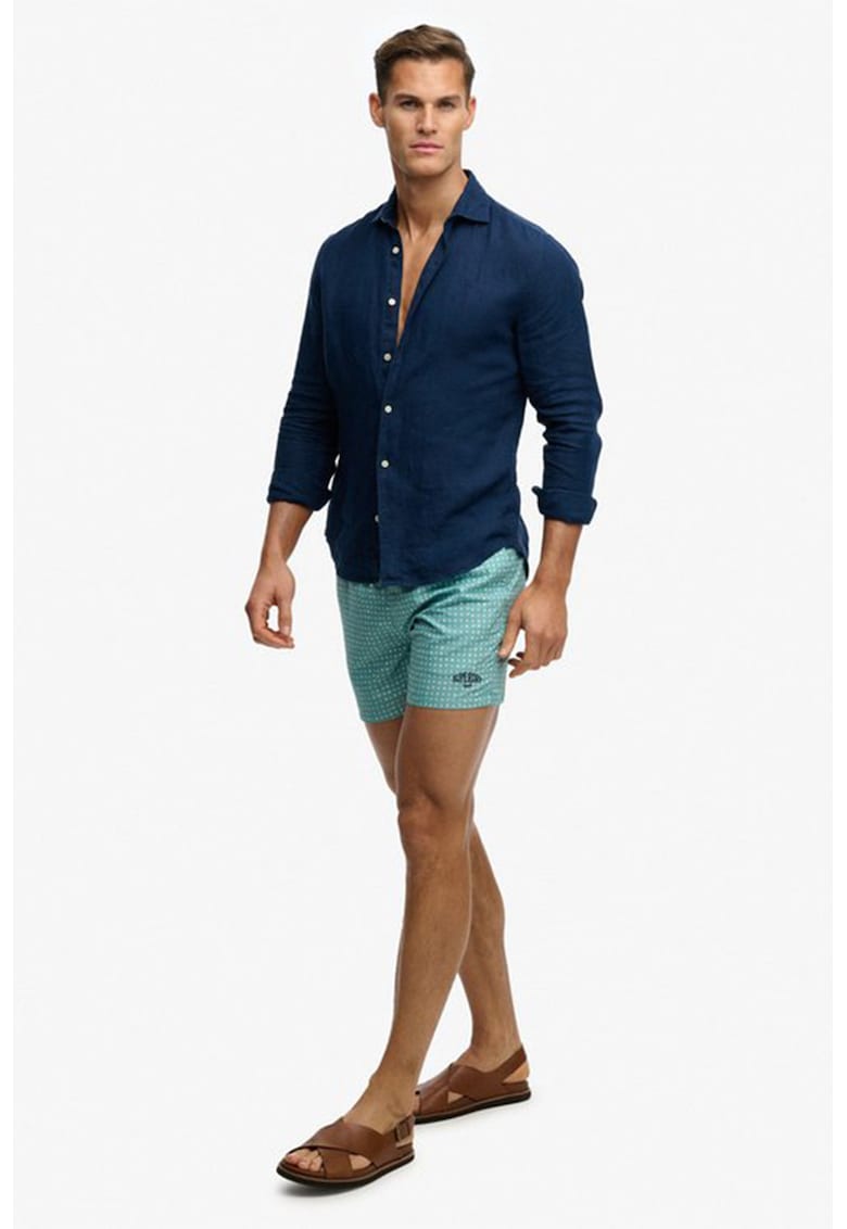 Pantaloni scurti de baie cu model si snururi - Alb/Turcoaz