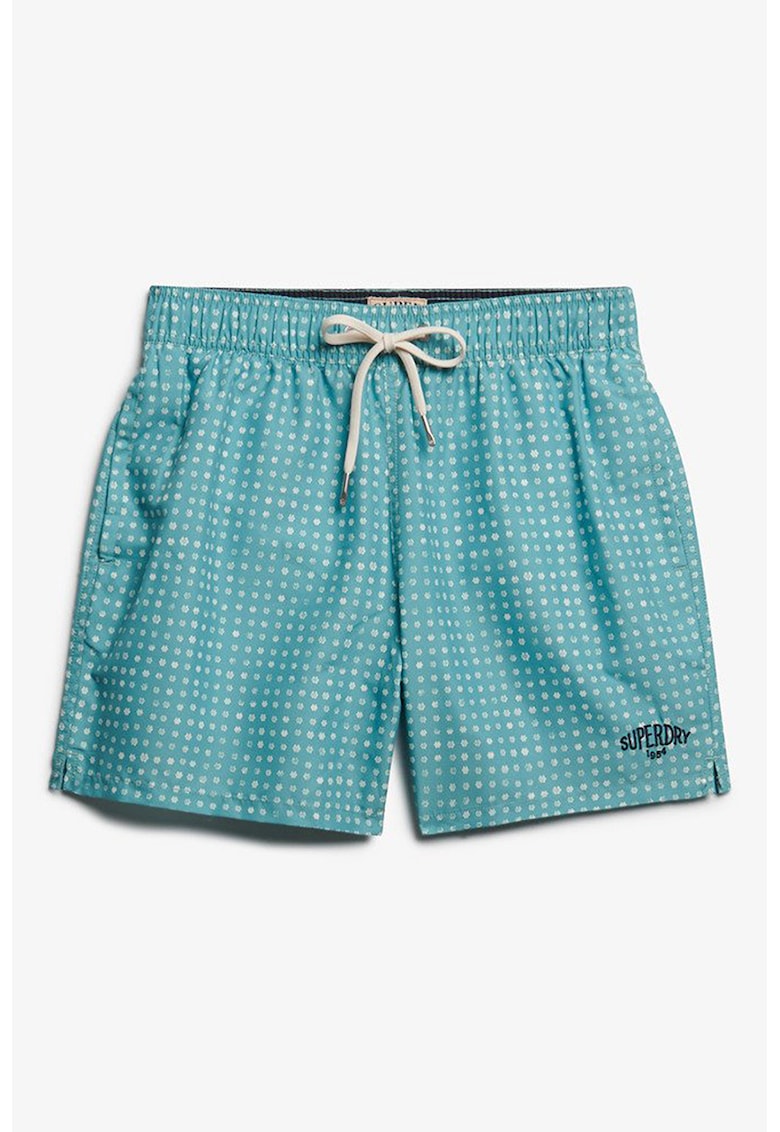 Pantaloni scurti de baie cu model si snururi - Alb/Turcoaz